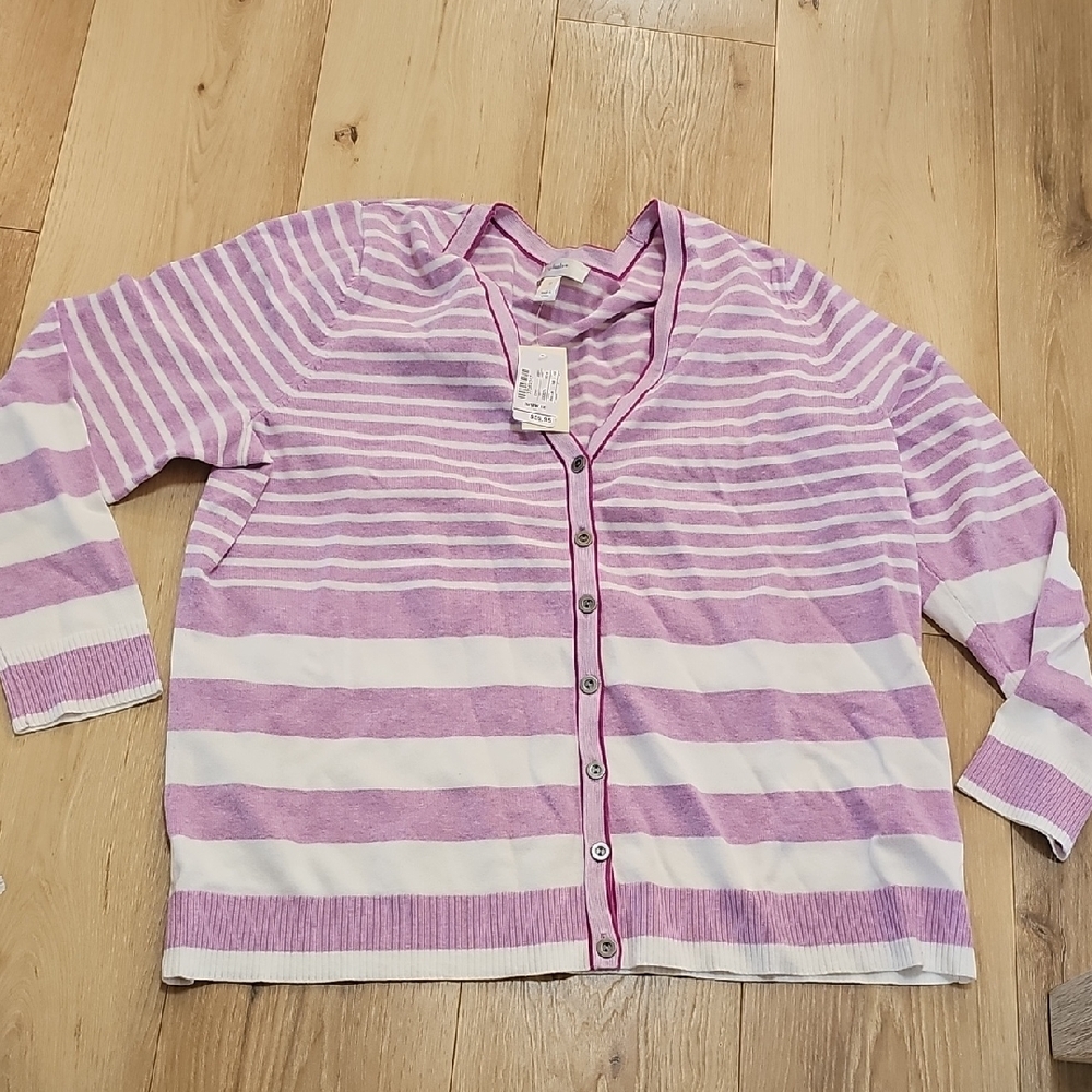 CJ BANKS PURPLE & WHITE STRIPED CARDIGAN SZ 16/18 NWT